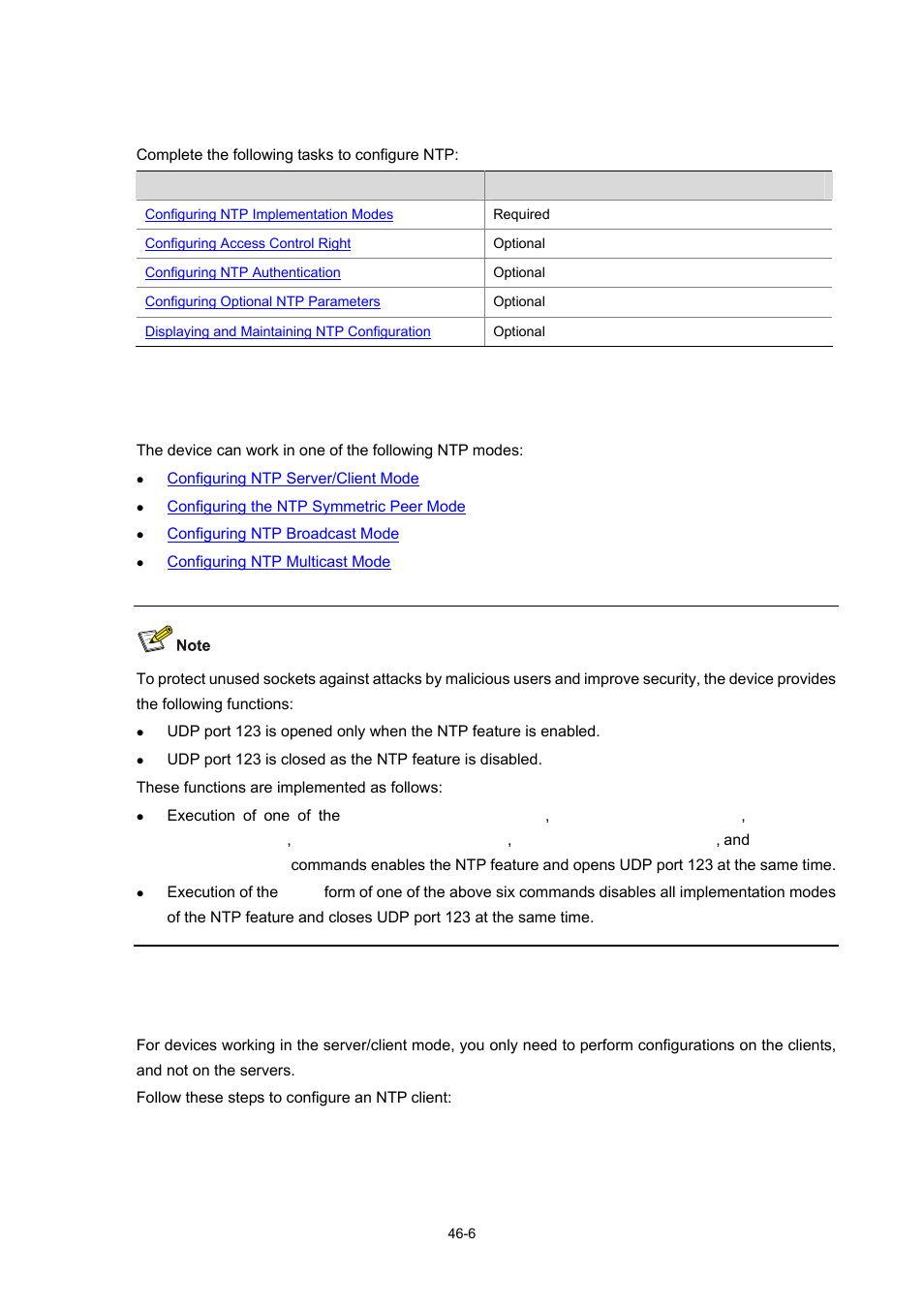 Ntp configuration task list, Configuring ntp implementation modes, Configuring ntp server/client mode | 6 configuring ntp implementation modes, Configuring ntp server/client mode -6 | H3C Technologies H3C WX3000 Series Unified Switches User Manual | Page 457 / 686