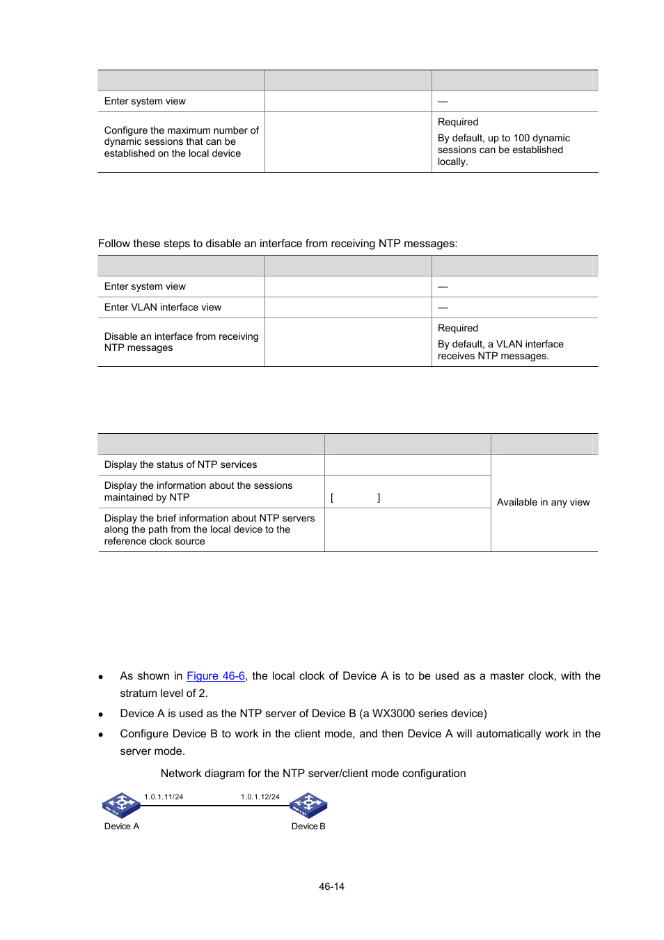 Disabling an interface from receiving ntp messages, Displaying and maintaining ntp configuration, Ntp configuration examples | Configuring ntp server/client mode, Configuring ntp server/client mode -14 | H3C Technologies H3C WX3000 Series Unified Switches User Manual | Page 465 / 686