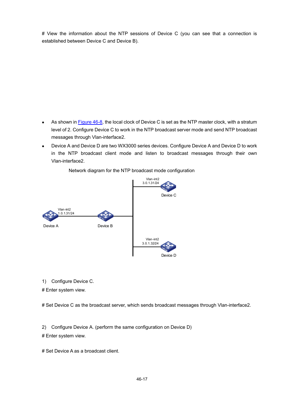 Configuring ntp broadcast mode, Configuring ntp broadcast mode -17 | H3C Technologies H3C WX3000 Series Unified Switches User Manual | Page 468 / 686