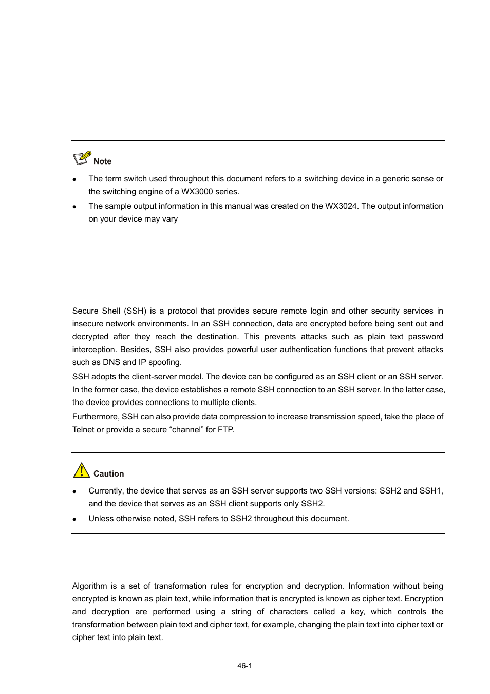 47 ssh configuration, Ssh overview, Introduction to ssh | Algorithm and key, 1 algorithm and key, Ssh configuration | H3C Technologies H3C WX3000 Series Unified Switches User Manual | Page 473 / 686