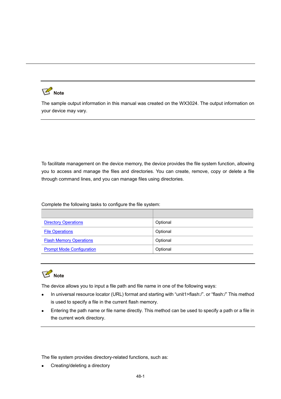 48 file system management configuration, File system configuration, Introduction to file system | File system configuration tasks, Directory operations, 1 file system configuration tasks, 1 directory operations, File system management configuration | H3C Technologies H3C WX3000 Series Unified Switches User Manual | Page 508 / 686