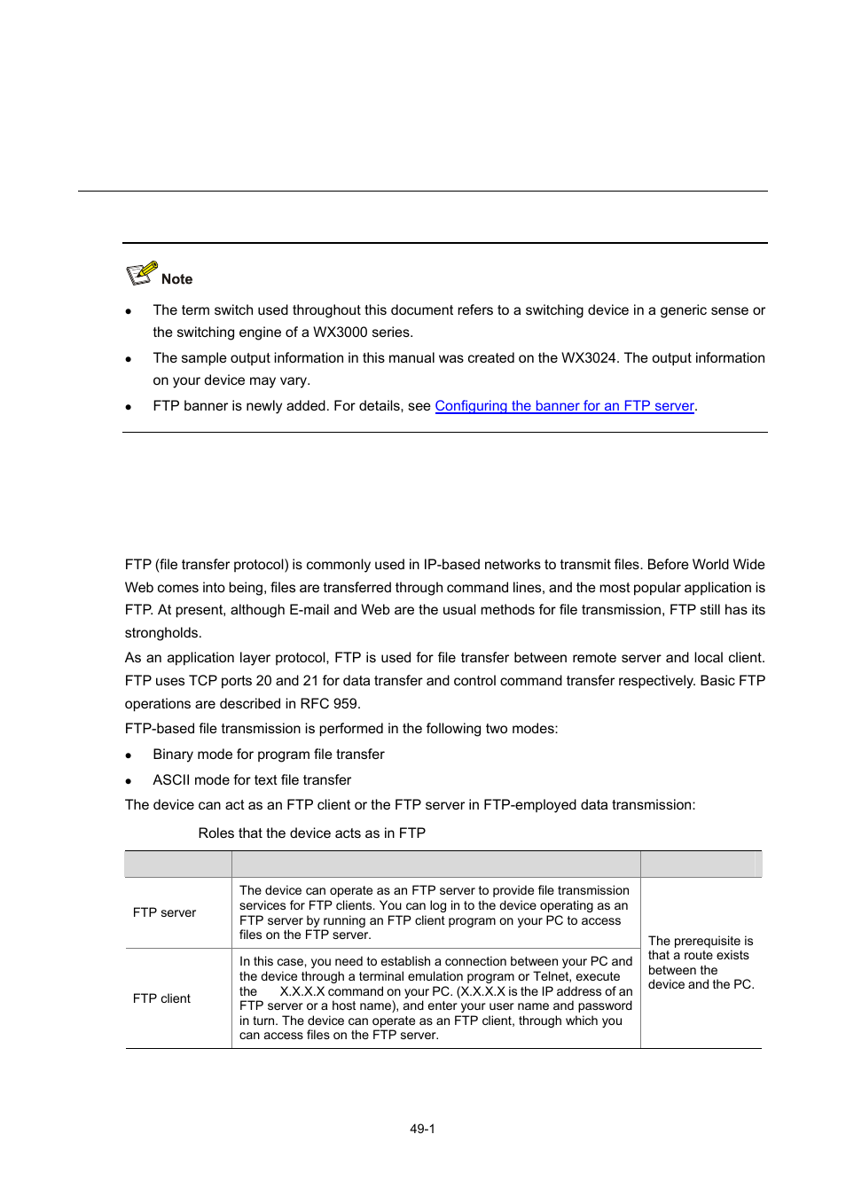 49 ftp and sftp configuration, Introduction to ftp and sftp, Introduction to ftp | Ftp and sftp configuration | H3C Technologies H3C WX3000 Series Unified Switches User Manual | Page 514 / 686