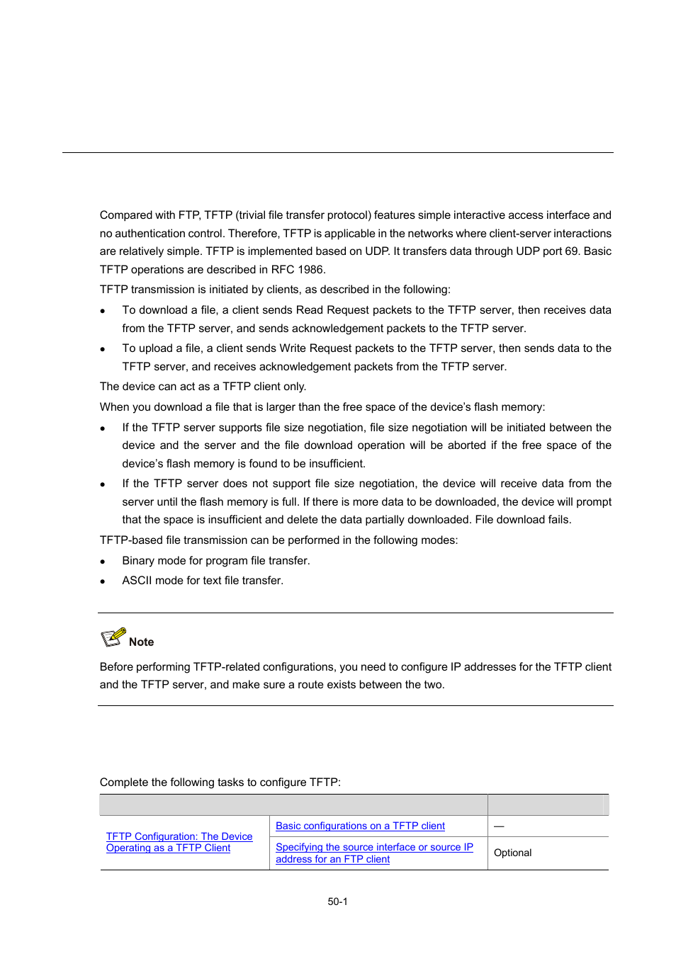 50 tftp configuration, Introduction to tftp, Tftp configuration | 1 tftp configuration | H3C Technologies H3C WX3000 Series Unified Switches User Manual | Page 533 / 686