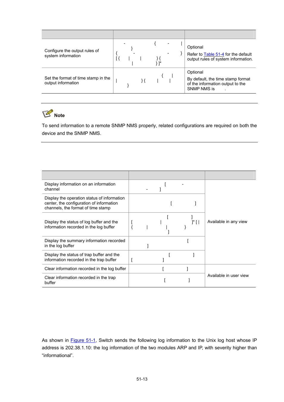 Displaying and maintaining information center, Information center configuration examples, Log output to a unix log host | H3C Technologies H3C WX3000 Series Unified Switches User Manual | Page 549 / 686