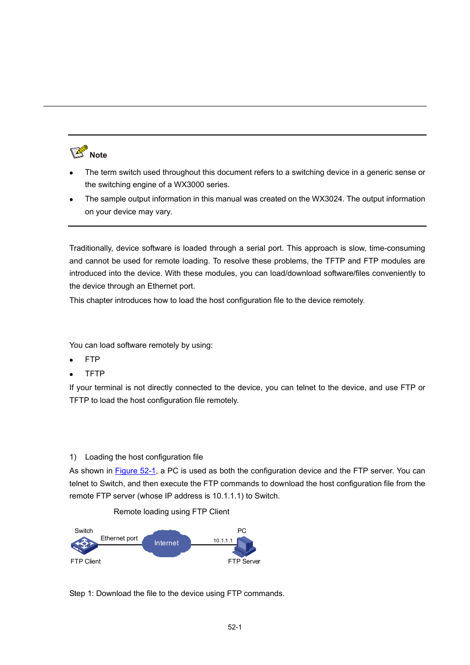 52 host configuration file loading, Introduction to loading approaches, Remote loading using ftp | Host configuration file loading | H3C Technologies H3C WX3000 Series Unified Switches User Manual | Page 554 / 686