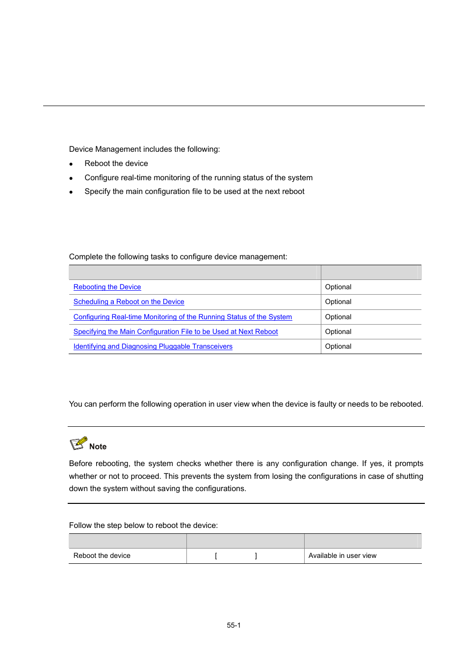 55 device management, Introduction to device management, Device management configuration | Device management configuration tasks, Rebooting the device, 1 device management configuration, Device management configuration tasks -1, Device management | H3C Technologies H3C WX3000 Series Unified Switches User Manual | Page 563 / 686