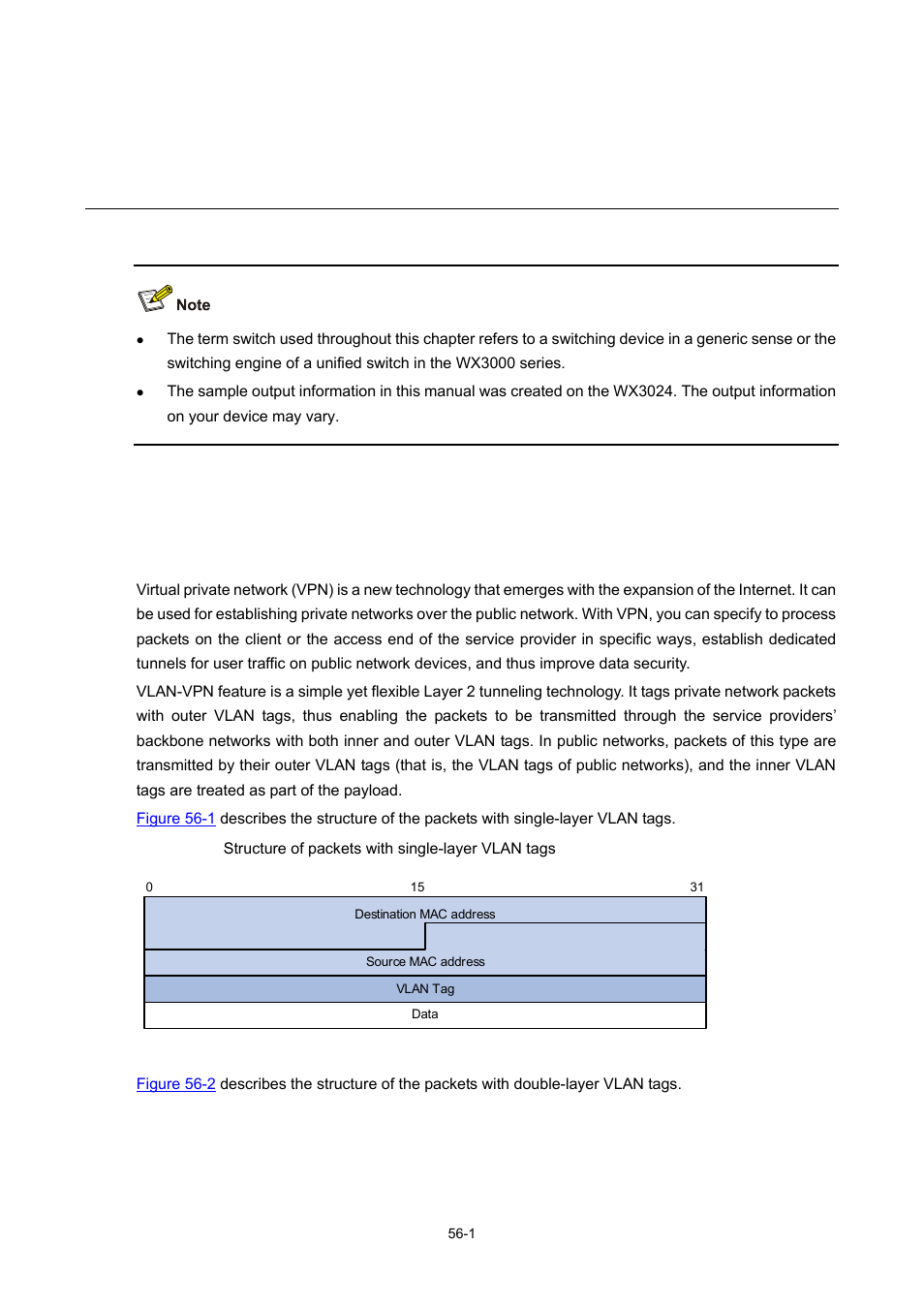 56 vlan-vpn configuration, Vlan-vpn overview, Introduction to vlan-vpn | Vlan-vpn configuration | H3C Technologies H3C WX3000 Series Unified Switches User Manual | Page 567 / 686