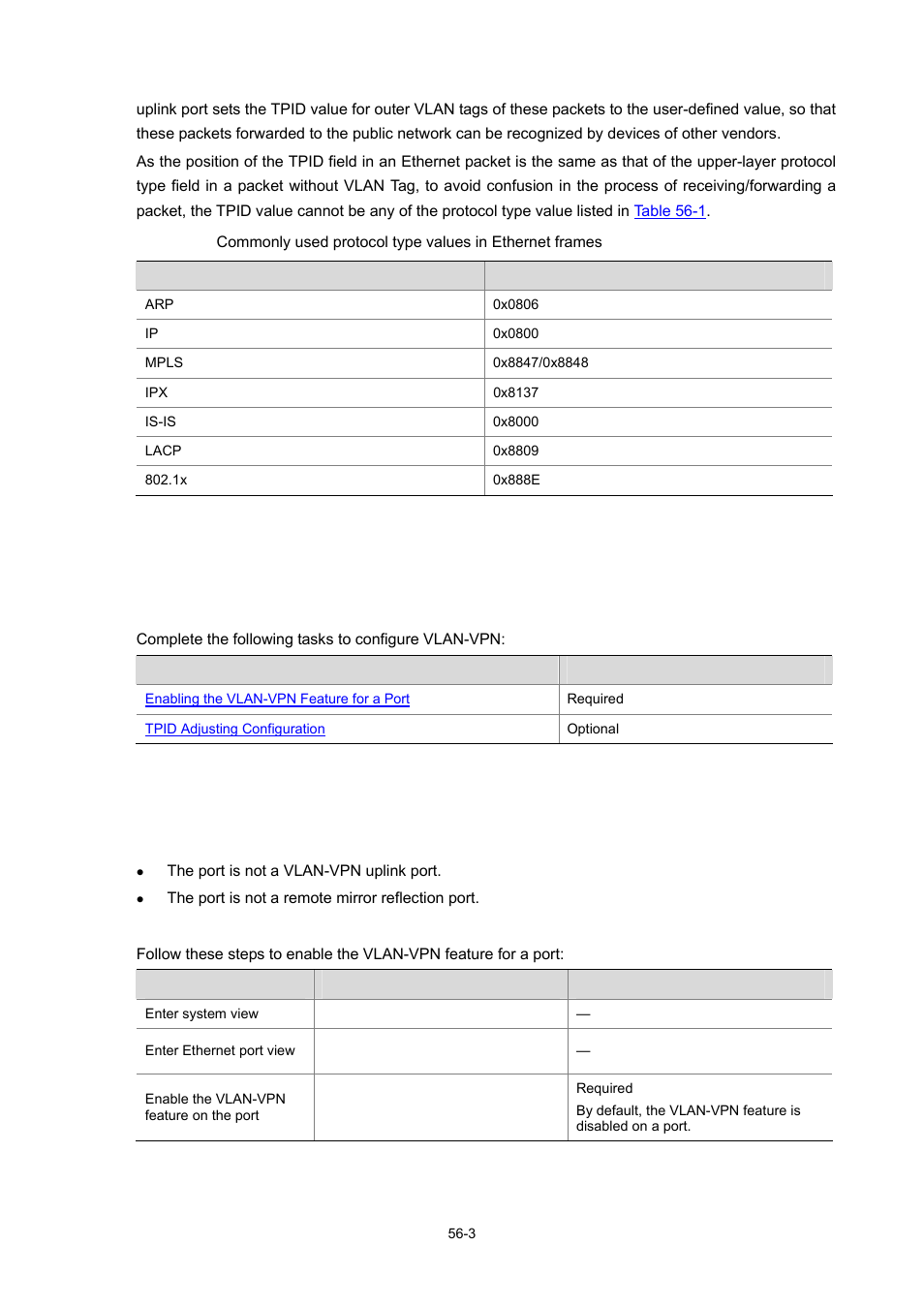 Vlan-vpn configuration, Configuration task list, Enabling the vlan-vpn feature for a port | 3 enabling the vlan-vpn feature for a port -3 | H3C Technologies H3C WX3000 Series Unified Switches User Manual | Page 569 / 686