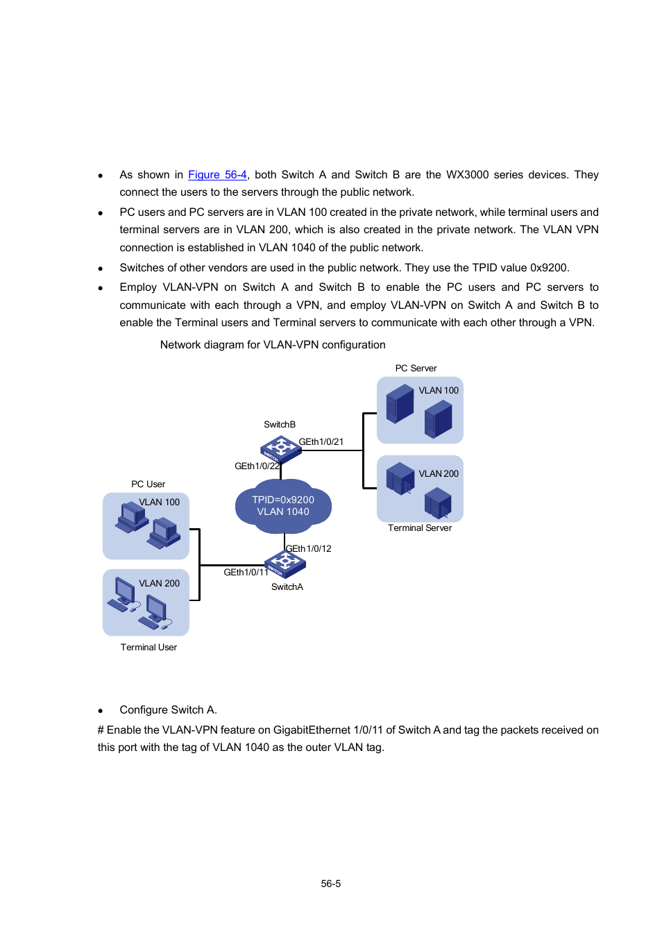 Vlan-vpn configuration example | H3C Technologies H3C WX3000 Series Unified Switches User Manual | Page 571 / 686