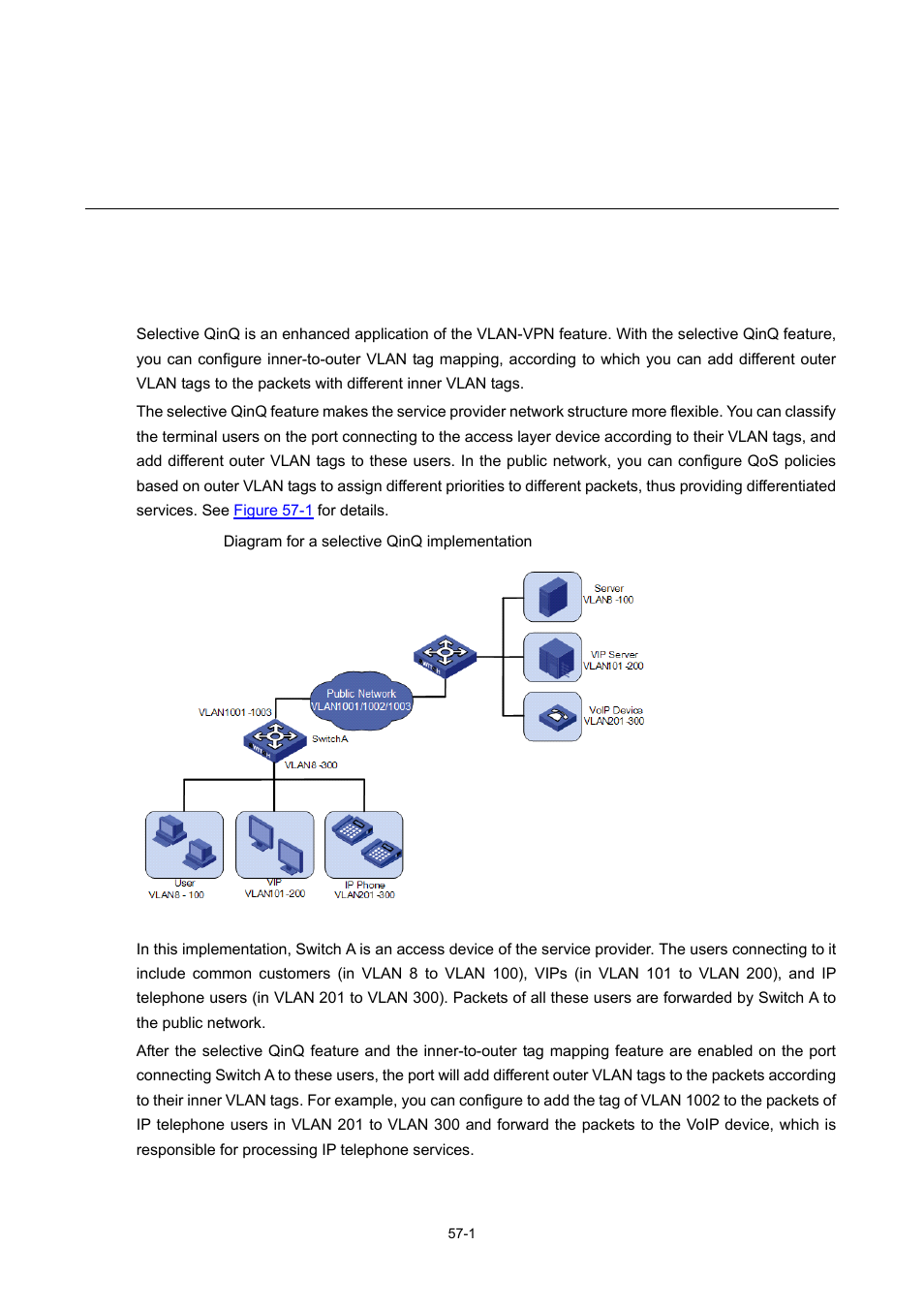57 selective qinq configuration, Selective qinq overview, Selective qinq configuration | H3C Technologies H3C WX3000 Series Unified Switches User Manual | Page 574 / 686