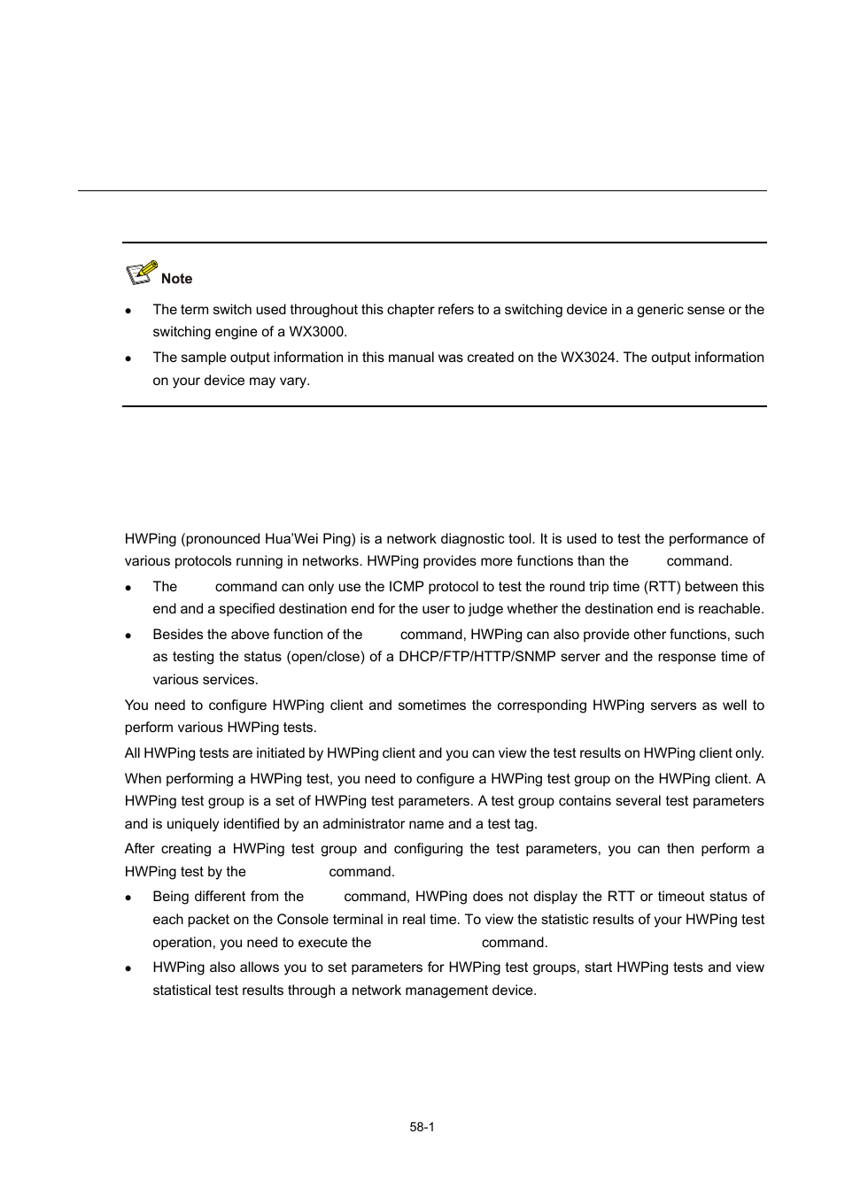 58 hwping configuration, Hwping overview, Introduction to hwping | Hwping configuration | H3C Technologies H3C WX3000 Series Unified Switches User Manual | Page 580 / 686