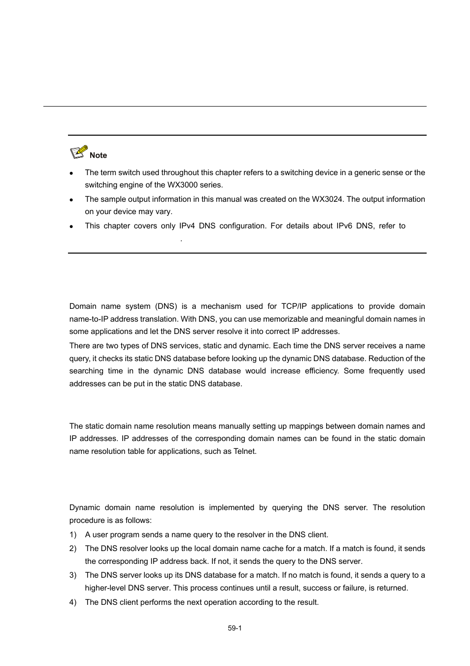 59 dns configuration, Dns overview, Static domain name resolution | Dynamic domain name resolution, 1 dynamic domain name resolution -1, Dns configuration | H3C Technologies H3C WX3000 Series Unified Switches User Manual | Page 610 / 686
