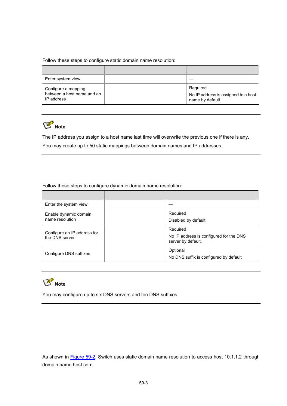 Configuring domain name resolution, Configuring static domain name resolution, Configuring dynamic domain name resolution | Dns configuration example | H3C Technologies H3C WX3000 Series Unified Switches User Manual | Page 612 / 686