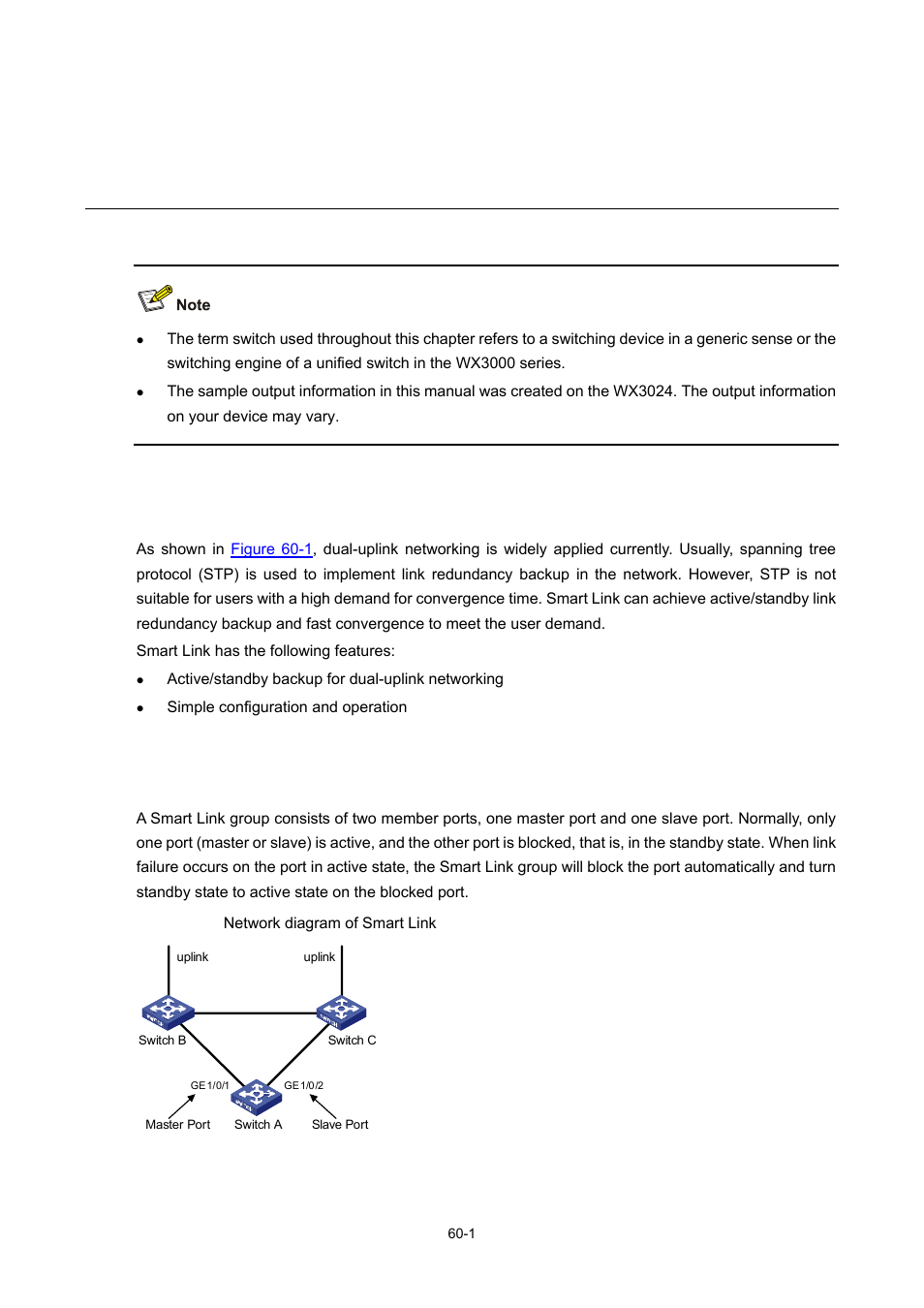 60 smart link configuration, Smart link overview, Basic concepts in smart link | Smart link configuration | H3C Technologies H3C WX3000 Series Unified Switches User Manual | Page 616 / 686