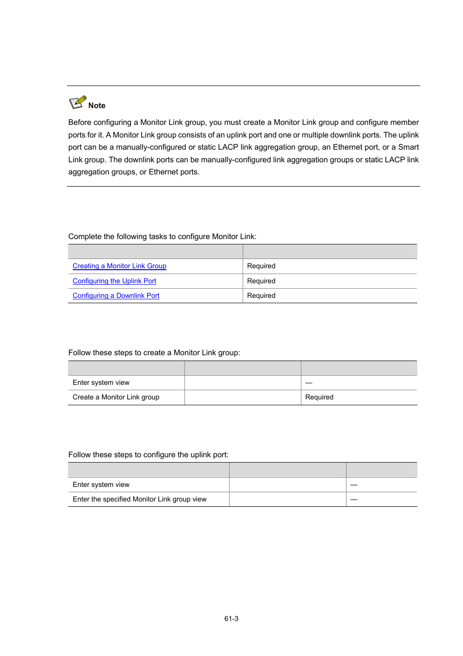 Configuring monitor link, Configuration task list, Creating a monitor link group | Configuring the uplink port, 3 creating a monitor link group, 3 configuring the uplink port | H3C Technologies H3C WX3000 Series Unified Switches User Manual | Page 626 / 686