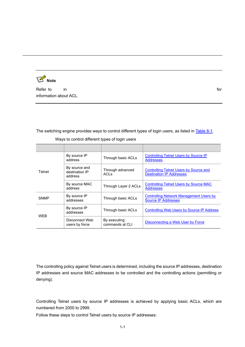 8 user control, Introduction, Controlling telnet users | Prerequisites, Controlling telnet users by source ip addresses, 1 controlling telnet users, User control | H3C Technologies H3C WX3000 Series Unified Switches User Manual | Page 63 / 686