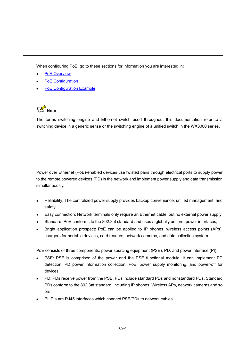 62 poe configuration, Poe overview, Introduction to poe | Poe configuration | H3C Technologies H3C WX3000 Series Unified Switches User Manual | Page 631 / 686