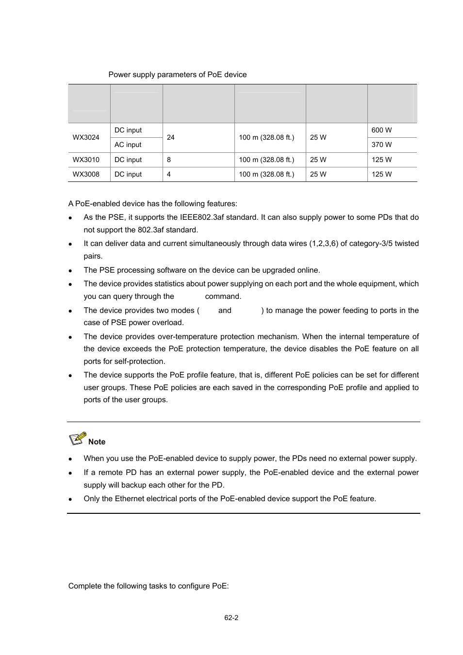 Poe features supported by the device, Poe configuration, Poe configuration task list | Poe features supported by the device -2 | H3C Technologies H3C WX3000 Series Unified Switches User Manual | Page 632 / 686