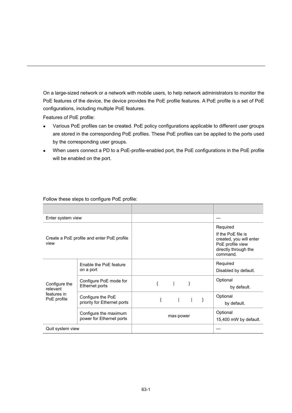 63 poe profile configuration, Introduction to poe profile, Poe profile configuration | Configuring poe profile, 1 poe profile configuration | H3C Technologies H3C WX3000 Series Unified Switches User Manual | Page 638 / 686