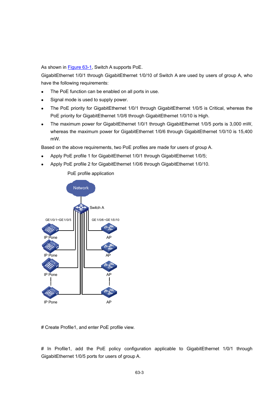 Poe profile configuration example, Poe profile application example | H3C Technologies H3C WX3000 Series Unified Switches User Manual | Page 640 / 686