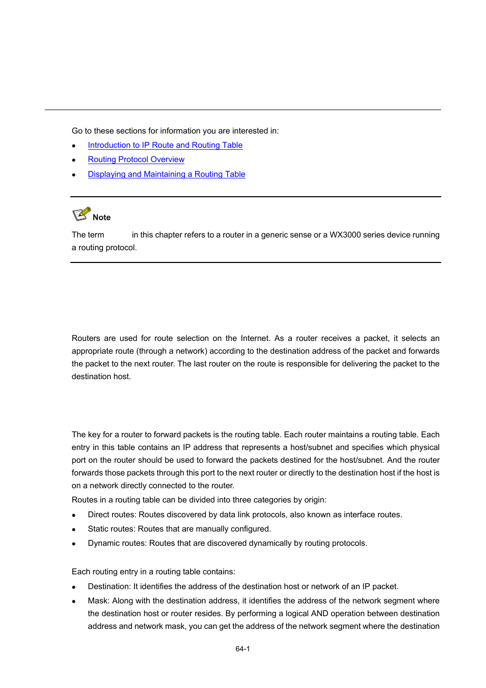 64 ip routing protocol overview, Introduction to ip route and routing table, Ip route | Routing table, 1 routing table, Ip routing protocol overview | H3C Technologies H3C WX3000 Series Unified Switches User Manual | Page 642 / 686
