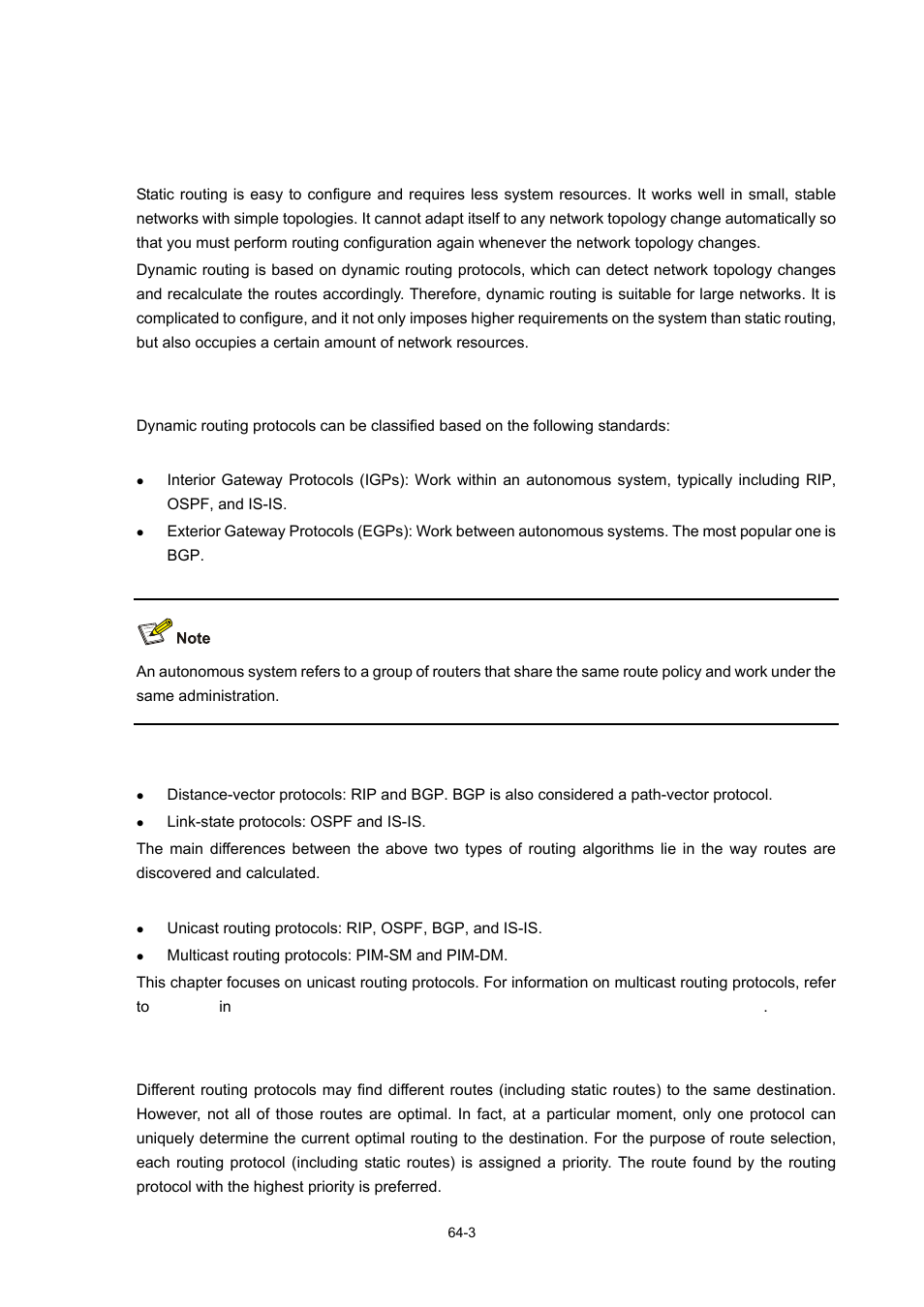 Routing protocol overview, Static routing and dynamic routing, Classification of dynamic routing protocols | Routing protocols and routing priority | H3C Technologies H3C WX3000 Series Unified Switches User Manual | Page 644 / 686