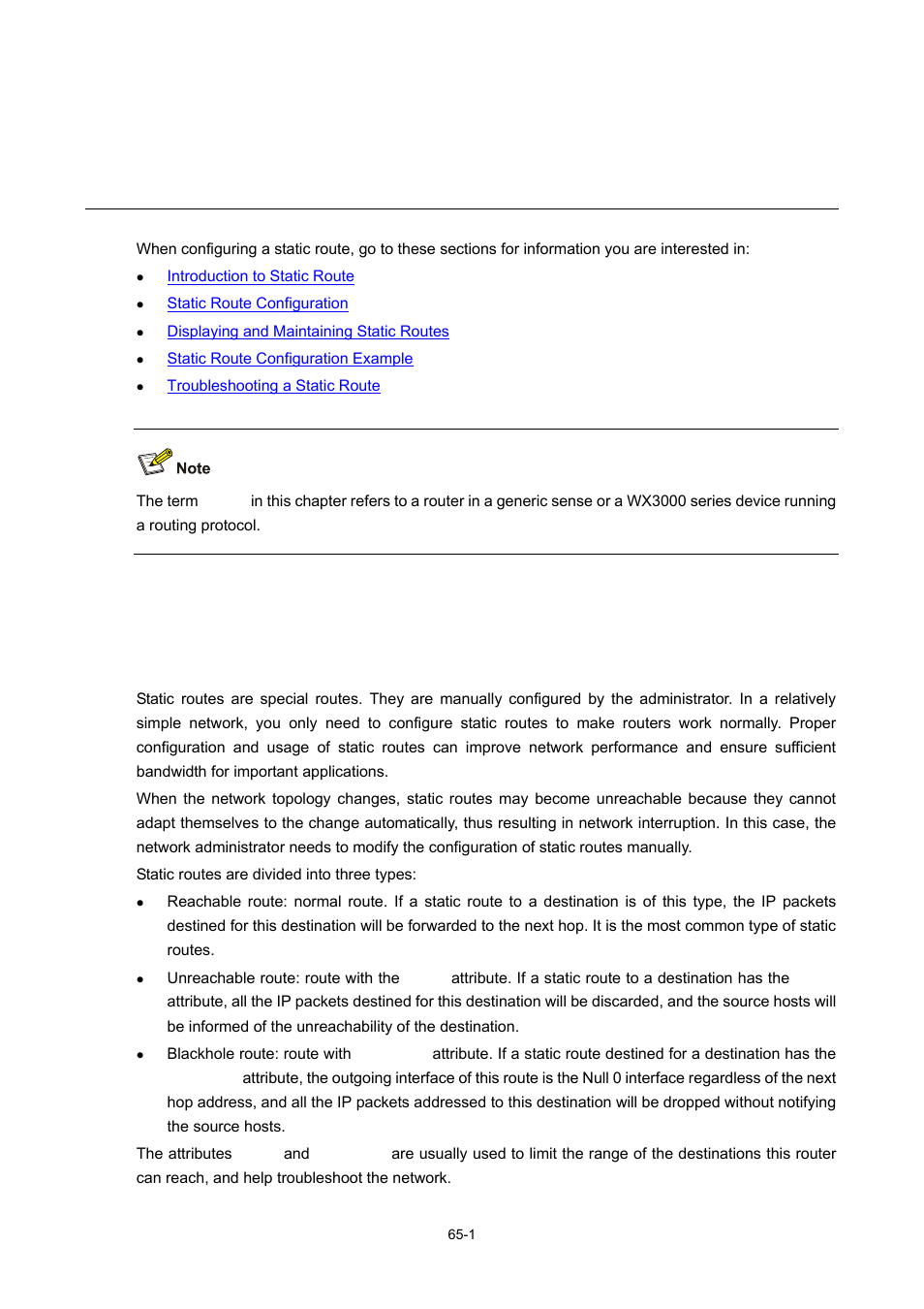 65 static route configuration, Introduction to static route, Static route | Static route configuration | H3C Technologies H3C WX3000 Series Unified Switches User Manual | Page 647 / 686