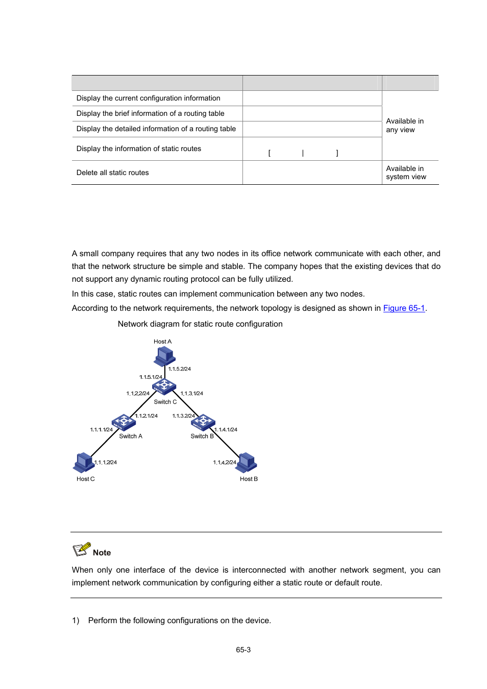 Displaying and maintaining static routes, Static route configuration example, 3 static route configuration example | H3C Technologies H3C WX3000 Series Unified Switches User Manual | Page 649 / 686