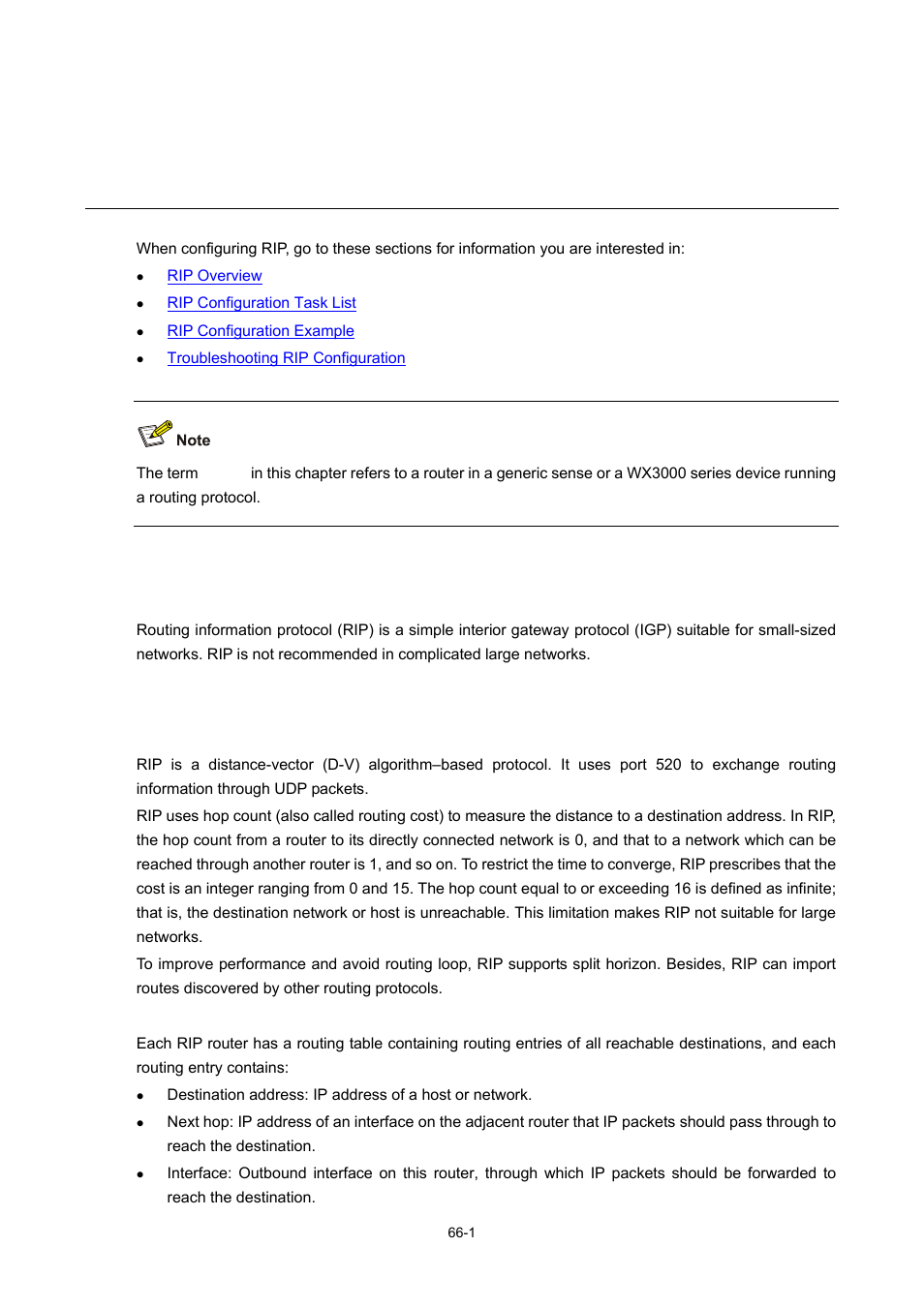 66 rip configuration, Rip overview, Basic concepts | Rip configuration | H3C Technologies H3C WX3000 Series Unified Switches User Manual | Page 651 / 686