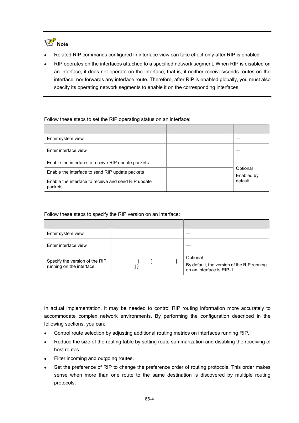 Rip route control, Setting the rip operating status on an interface, Specifying the rip version on an interface | H3C Technologies H3C WX3000 Series Unified Switches User Manual | Page 654 / 686