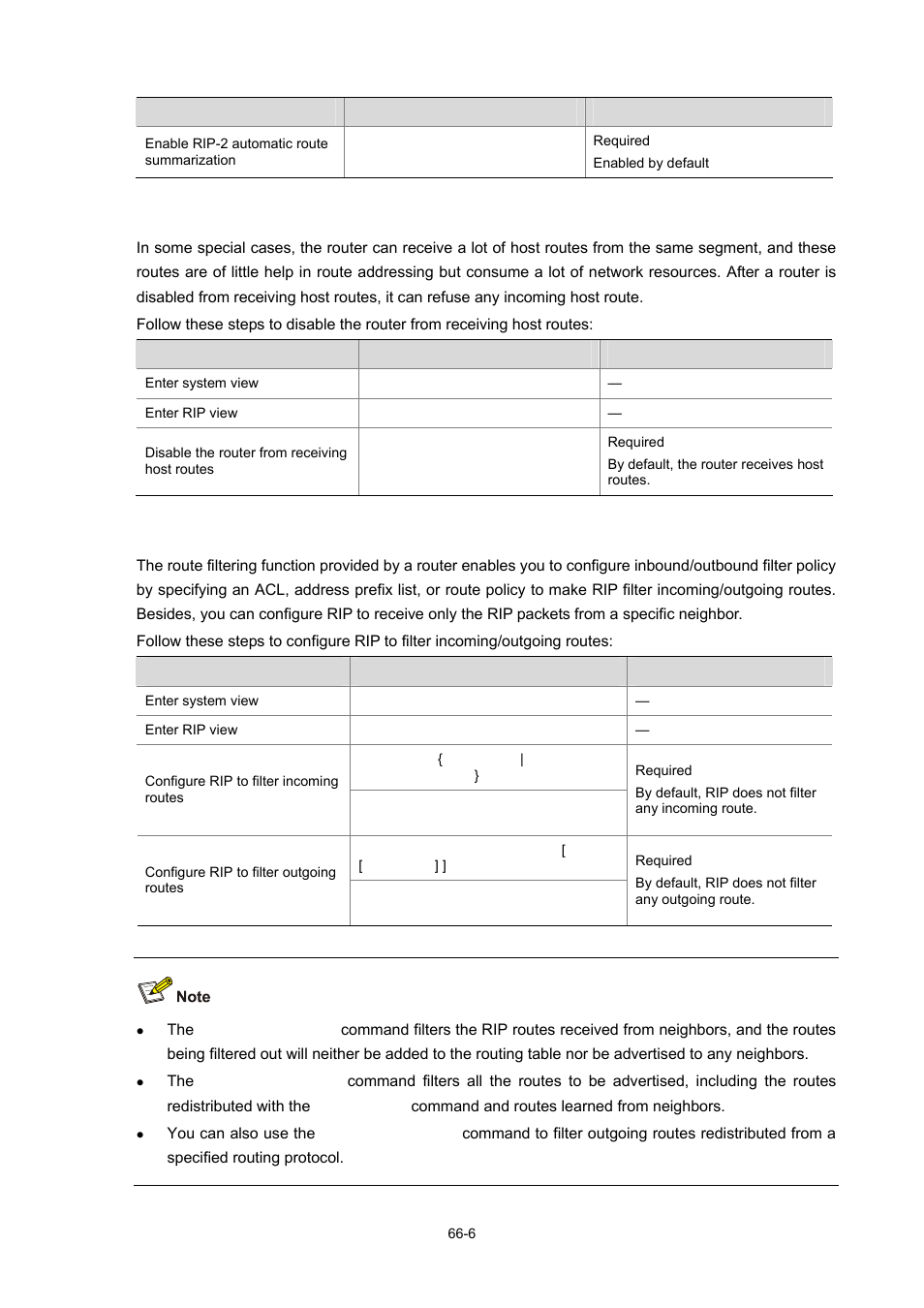 Disabling the router from receiving host routes, Configuring rip to filter incoming/outgoing routes | H3C Technologies H3C WX3000 Series Unified Switches User Manual | Page 656 / 686