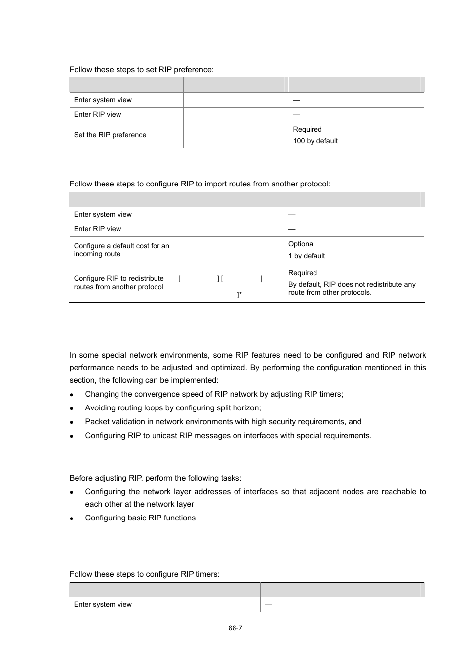 Rip network adjustment and optimization, Configuration prerequisites, Configuration tasks | 7 configuration tasks, Setting rip preference, Configuring rip timers | H3C Technologies H3C WX3000 Series Unified Switches User Manual | Page 657 / 686