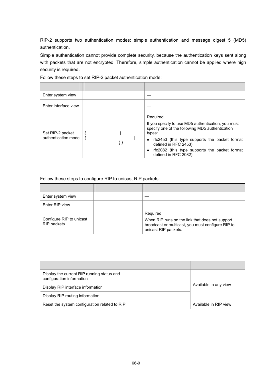 Displaying and maintaining rip configuration, Setting rip-2 packet authentication mode, Configuring rip to unicast rip packets | H3C Technologies H3C WX3000 Series Unified Switches User Manual | Page 659 / 686