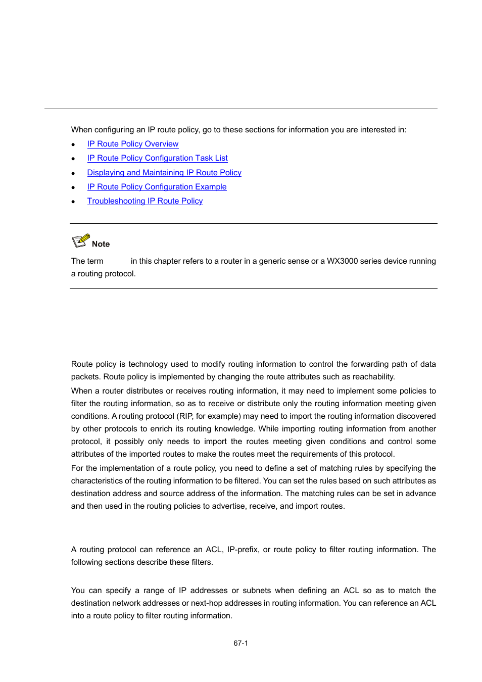 67 ip route policy configuration, Ip route policy overview, Introduction to ip route policy | Filters, 1 filters, Ip route policy configuration | H3C Technologies H3C WX3000 Series Unified Switches User Manual | Page 662 / 686