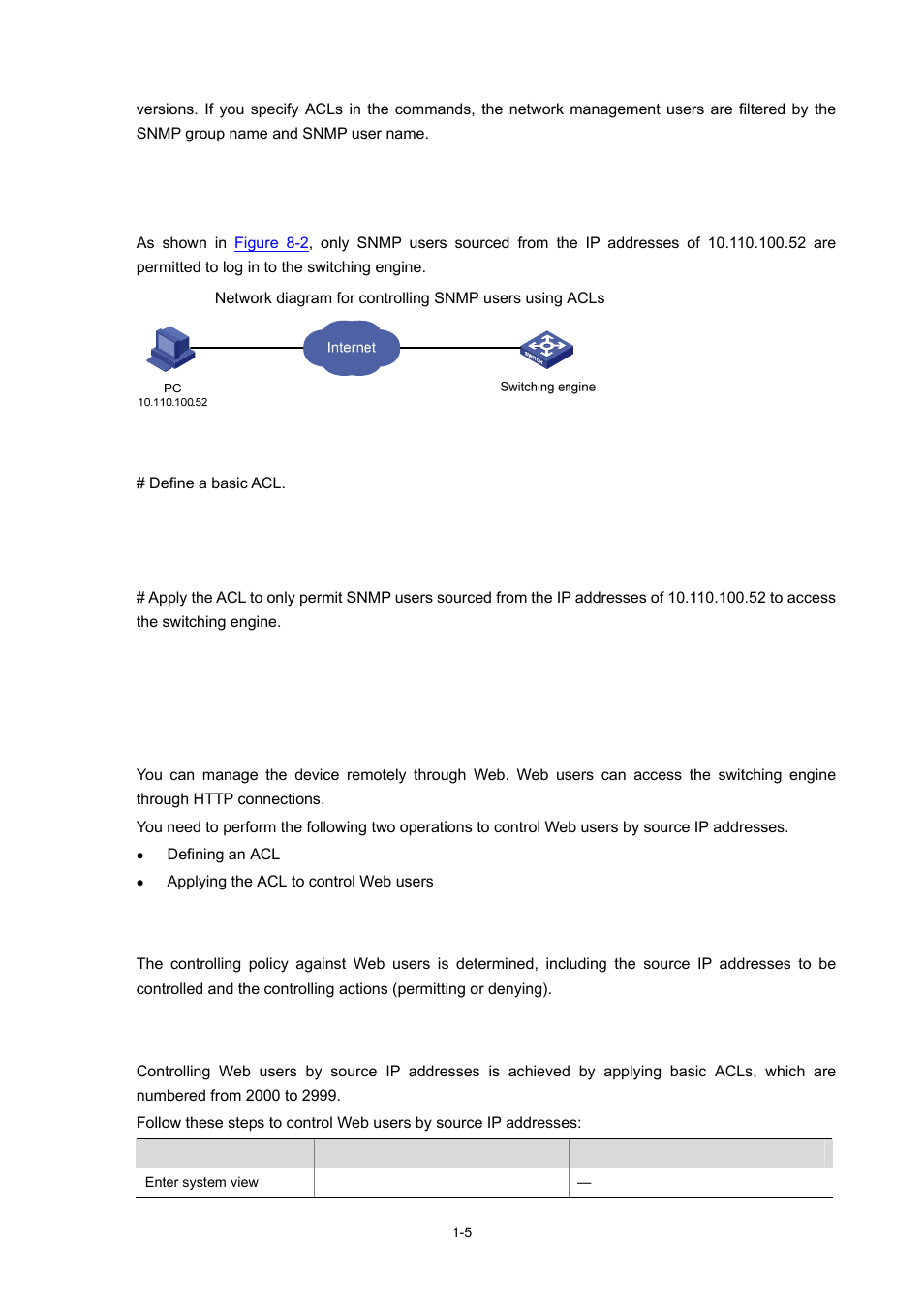Configuration example, Network requirements, Configuration procedure | Controlling web users by source ip address, Prerequisites, Controlling web users by source ip addresses, 5 controlling web users by source ip addresses -5 | H3C Technologies H3C WX3000 Series Unified Switches User Manual | Page 67 / 686