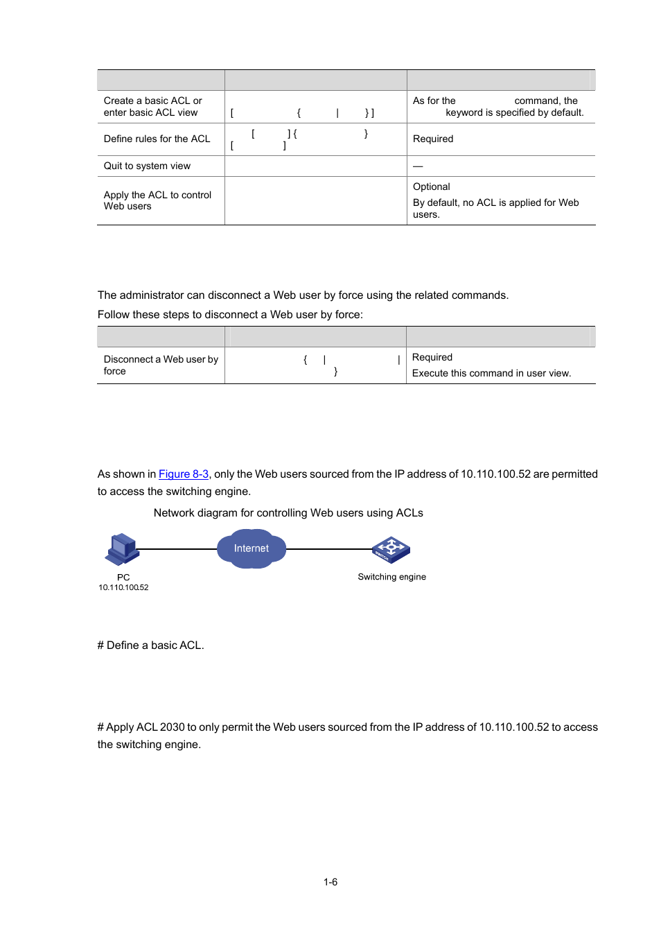 Disconnecting a web user by force, Configuration example, Network requirements | Configuration procedure, 6 configuration example | H3C Technologies H3C WX3000 Series Unified Switches User Manual | Page 68 / 686