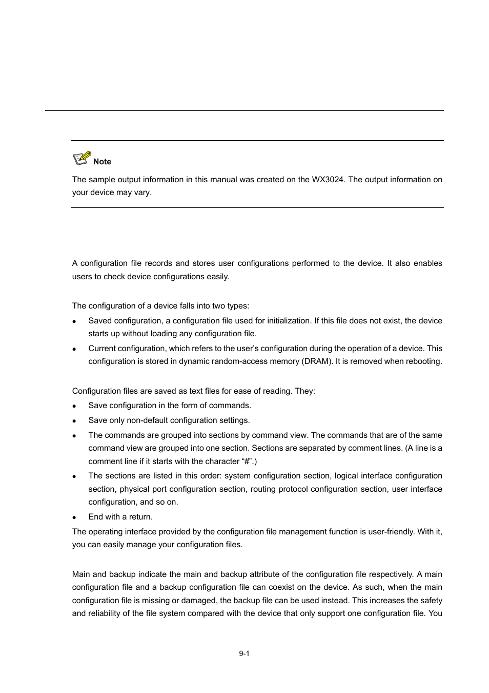 9 configuration file management, Introduction to configuration file, Types of configuration | Format of configuration file, Main/backup attribute of the configuration file, Configuration file management | H3C Technologies H3C WX3000 Series Unified Switches User Manual | Page 69 / 686