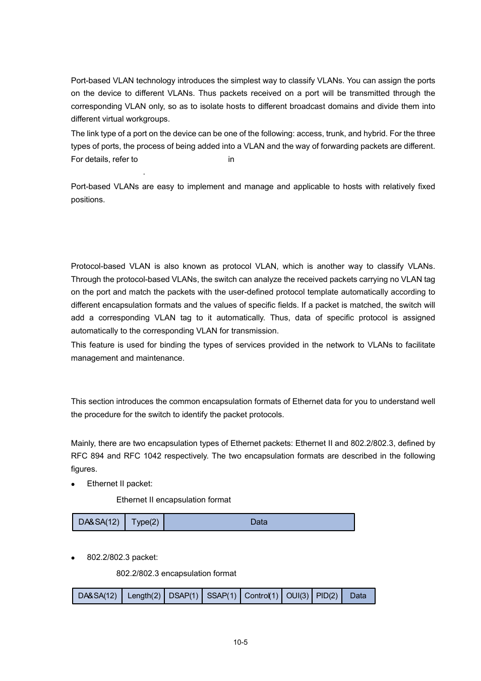 Port-based vlan, Protocol-based vlan, Introduction to protocol-based vlan | Encapsulation format of ethernet data, Ethernet ii and 802.2/802.3 encapsulation, 5 protocol-based vlan | H3C Technologies H3C WX3000 Series Unified Switches User Manual | Page 78 / 686