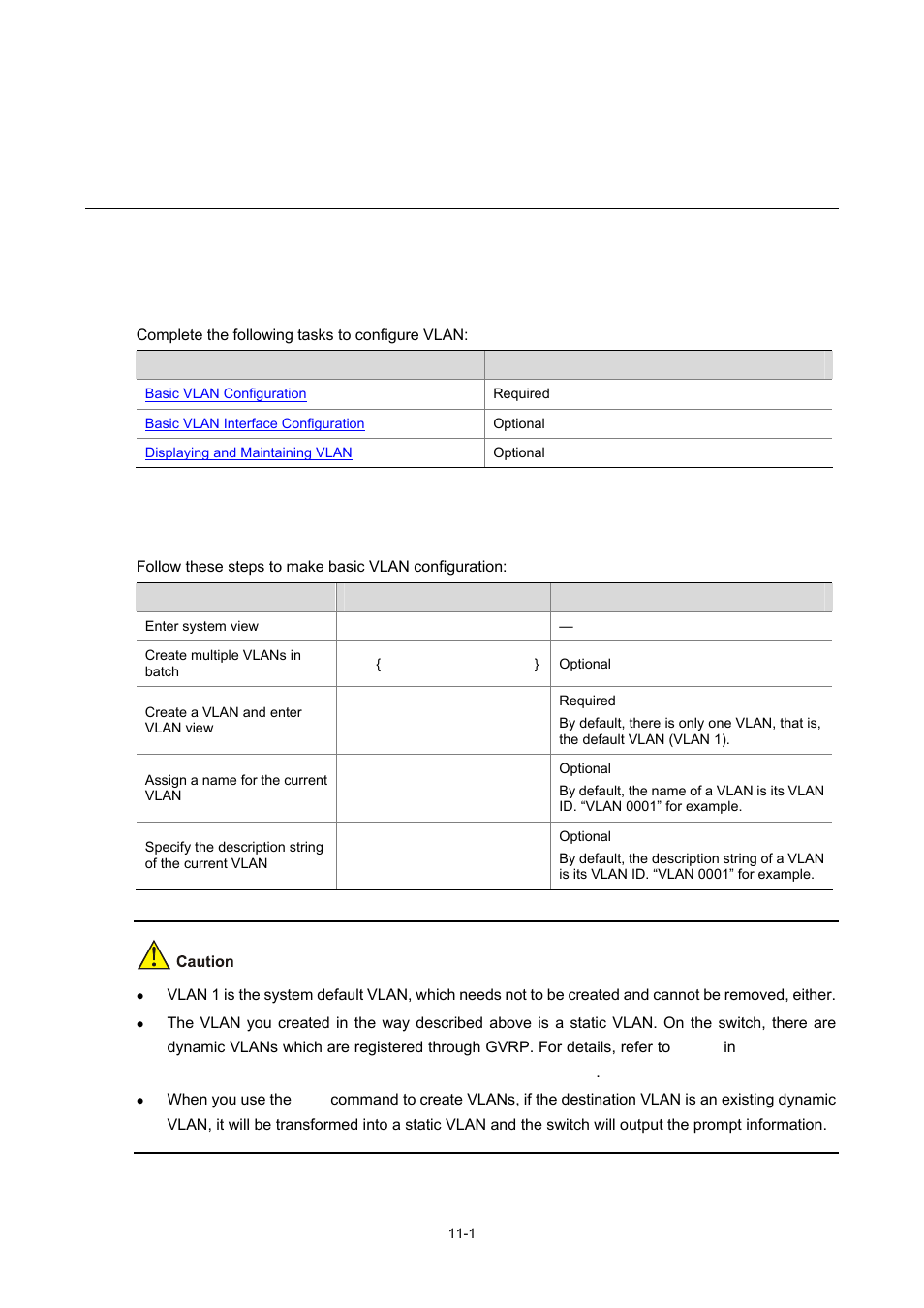 11 vlan configuration, Vlan configuration, Configuration task list | Basic vlan configuration, 1 basic vlan configuration | H3C Technologies H3C WX3000 Series Unified Switches User Manual | Page 82 / 686