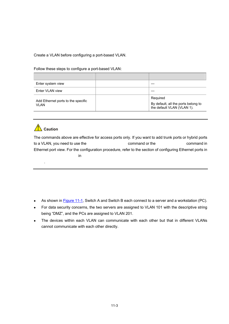 Configuring a port-based vlan, Configuration prerequisites, Configuration procedure | Protocol-based vlan configuration example, Network requirements, 3 protocol-based vlan configuration example -3 | H3C Technologies H3C WX3000 Series Unified Switches User Manual | Page 84 / 686