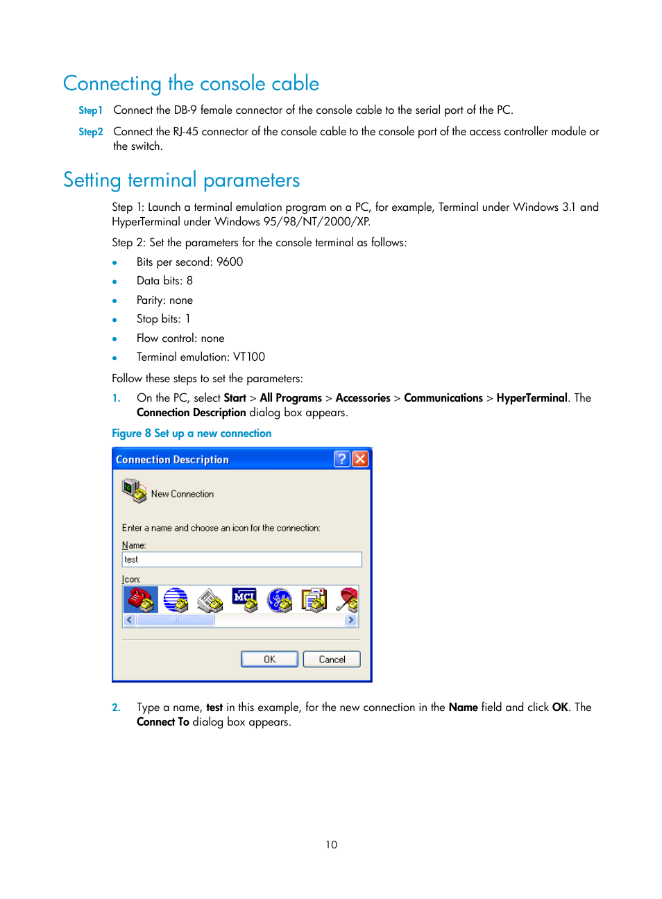 Connecting the console cable, Setting terminal parameters | H3C Technologies H3C LSWM1WCM10 Access Controller Module User Manual | Page 17 / 50