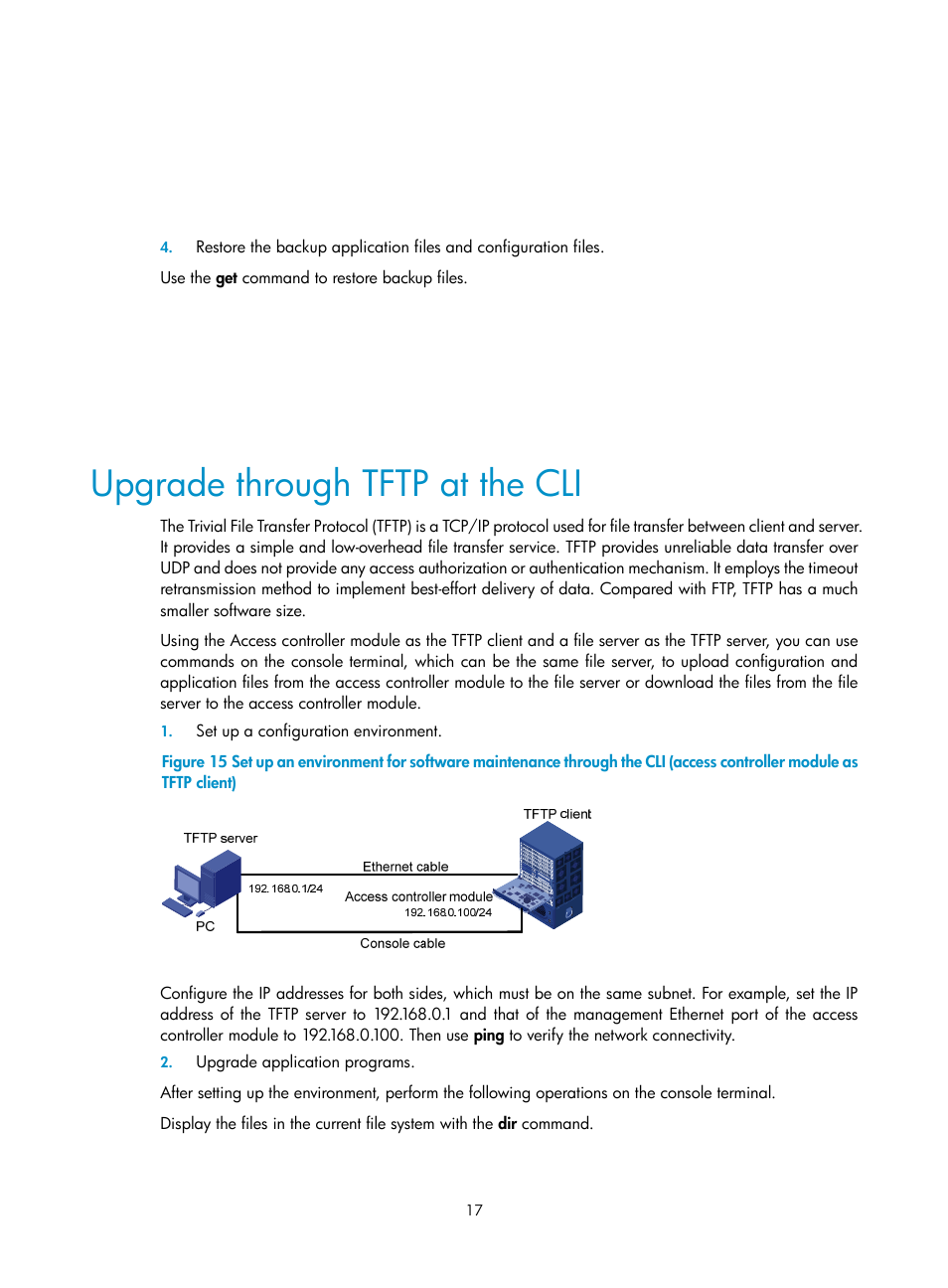 Upgrade through tftp at the cli | H3C Technologies H3C LSWM1WCM10 Access Controller Module User Manual | Page 24 / 50