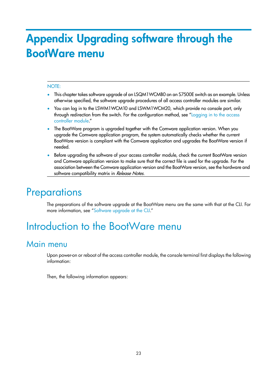 Preparations, Introduction to the bootware menu, Main menu | Appendix upgrading, Software through the bootware menu | H3C Technologies H3C LSWM1WCM10 Access Controller Module User Manual | Page 30 / 50