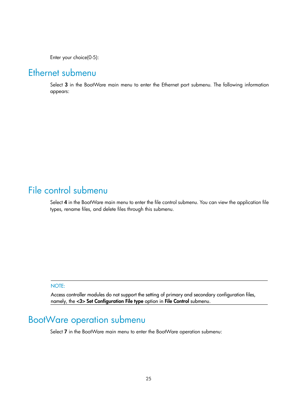 Ethernet submenu, File control submenu, Bootware operation submenu | H3C Technologies H3C LSWM1WCM10 Access Controller Module User Manual | Page 32 / 50