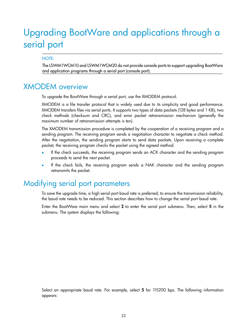 Xmodem overview, Modifying serial port parameters | H3C Technologies H3C LSWM1WCM10 Access Controller Module User Manual | Page 39 / 50