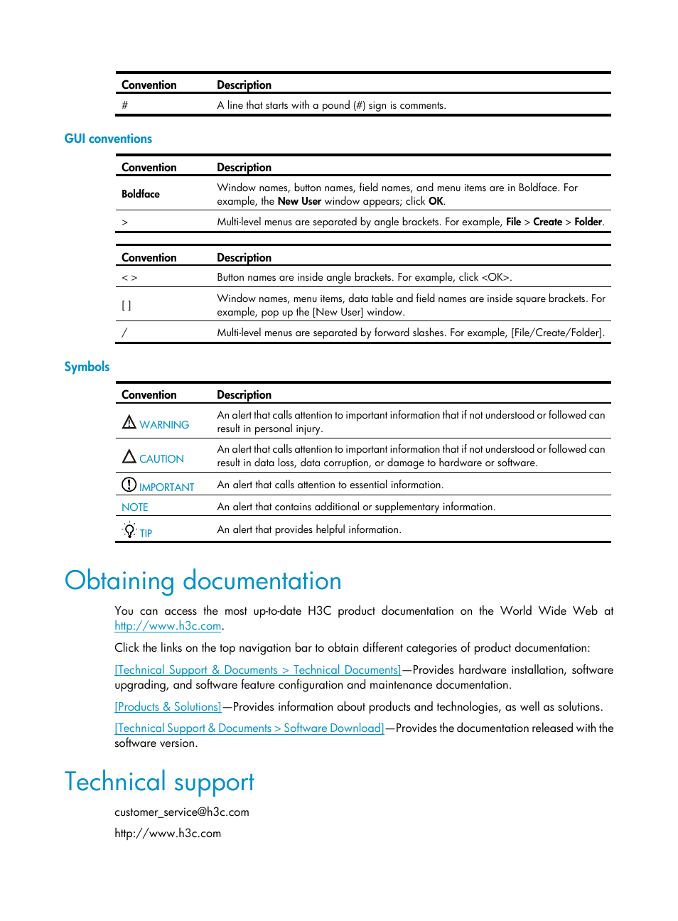 Gui conventions, Symbols, Obtaining documentation | Technical support | H3C Technologies H3C LSWM1WCM10 Access Controller Module User Manual | Page 4 / 50