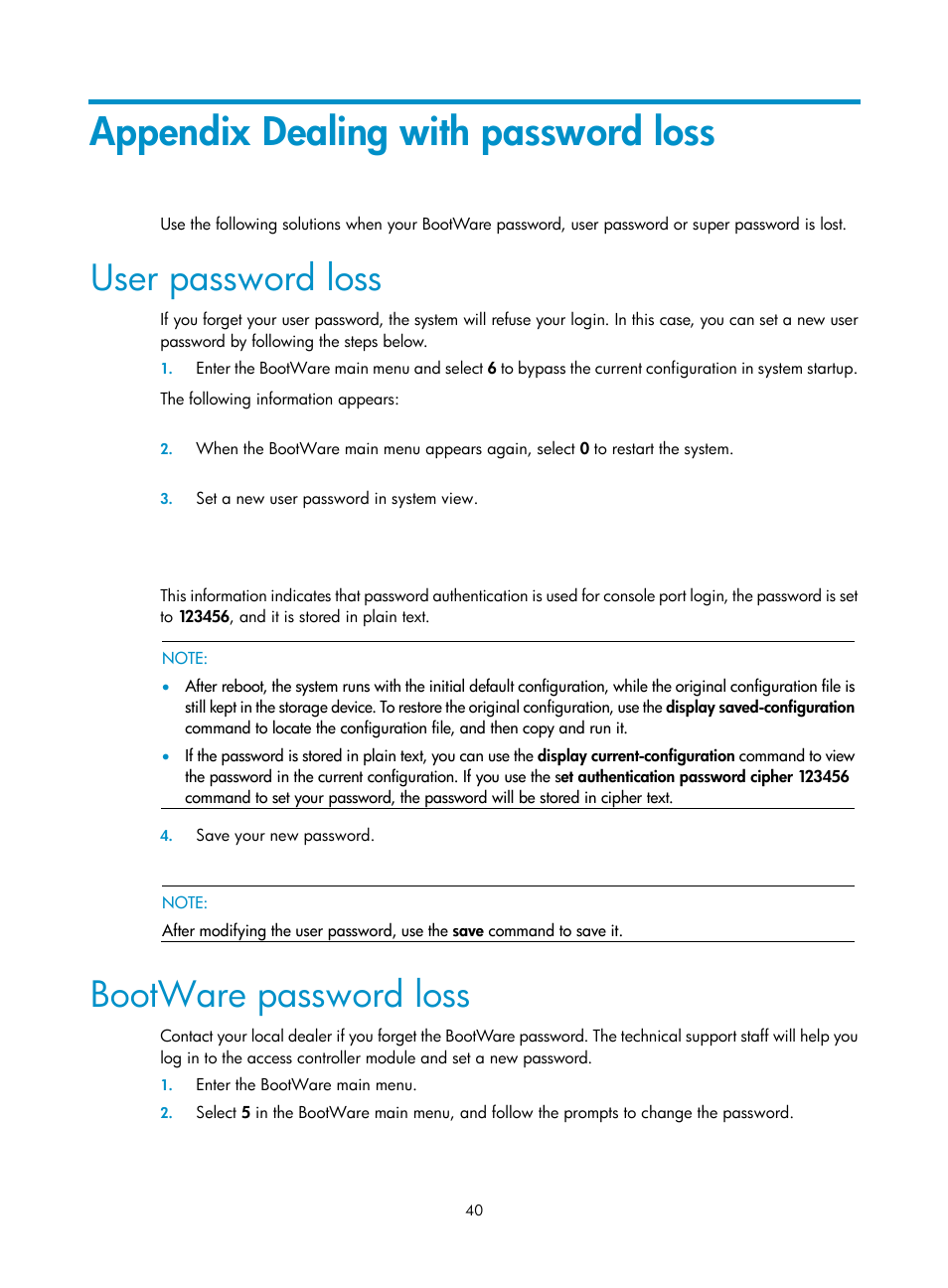 Appendix dealing with password loss, User password loss, Bootware password loss | H3C Technologies H3C LSWM1WCM10 Access Controller Module User Manual | Page 47 / 50