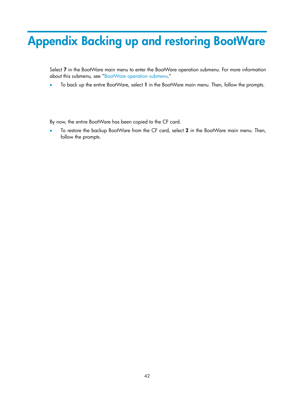 Appendix backing up and restoring bootware | H3C Technologies H3C LSWM1WCM10 Access Controller Module User Manual | Page 49 / 50