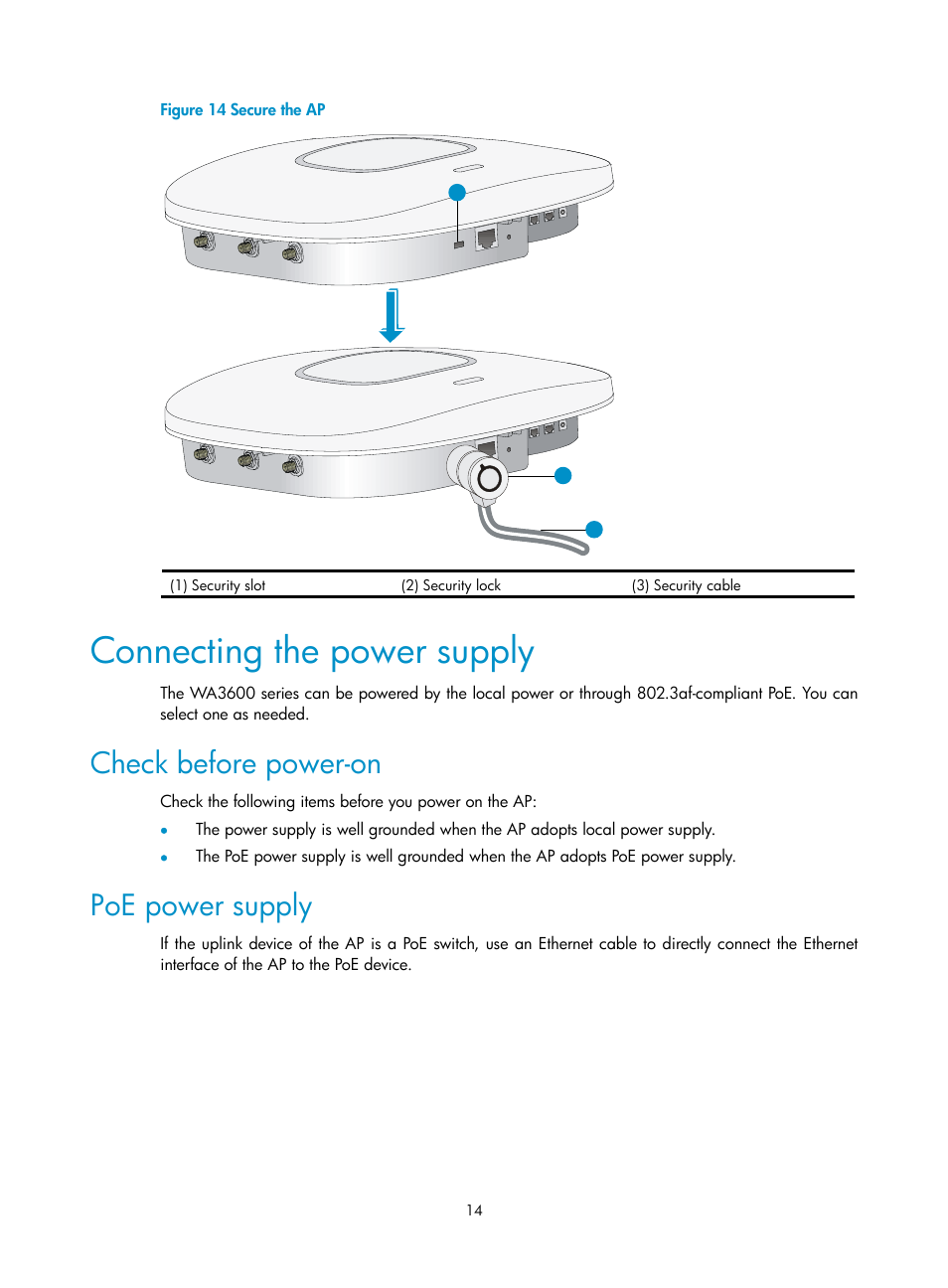 Connecting the power supply, Check before power-on, Poe power supply | H3C Technologies H3C WA3600 Series Access Points User Manual | Page 19 / 29