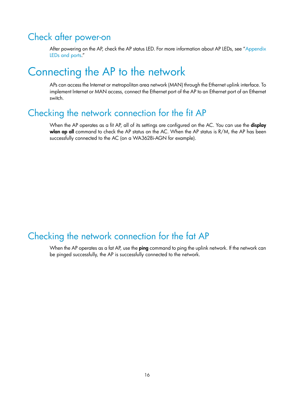 Check after power-on, Connecting the ap to the network, Checking the network connection for the fit ap | Checking the network connection for the fat ap | H3C Technologies H3C WA3600 Series Access Points User Manual | Page 21 / 29